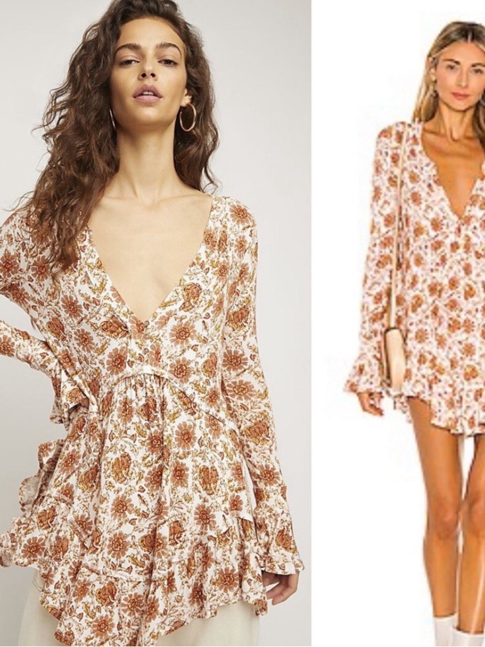 Free People - Floral Ruffle Mini Dress in Cream and Brown